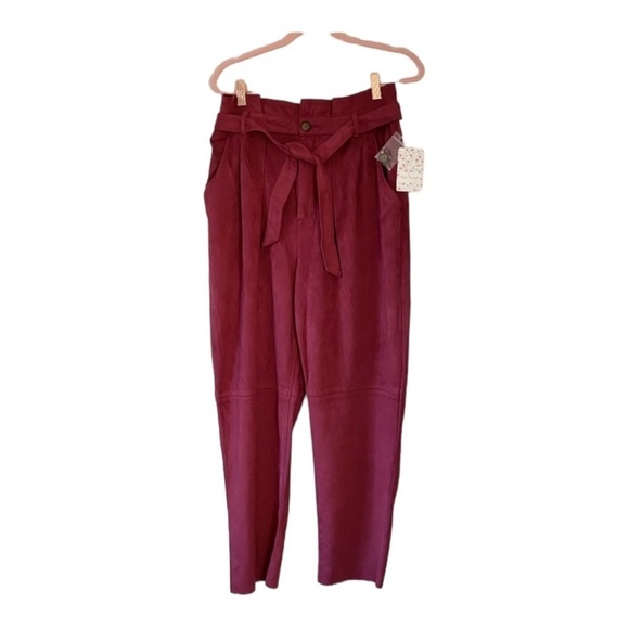 FREE PEOPLE Nightfall Suede Tie Waist Paperbag Pant Size 2 Pomegranate NWT - Picture 7 of 10